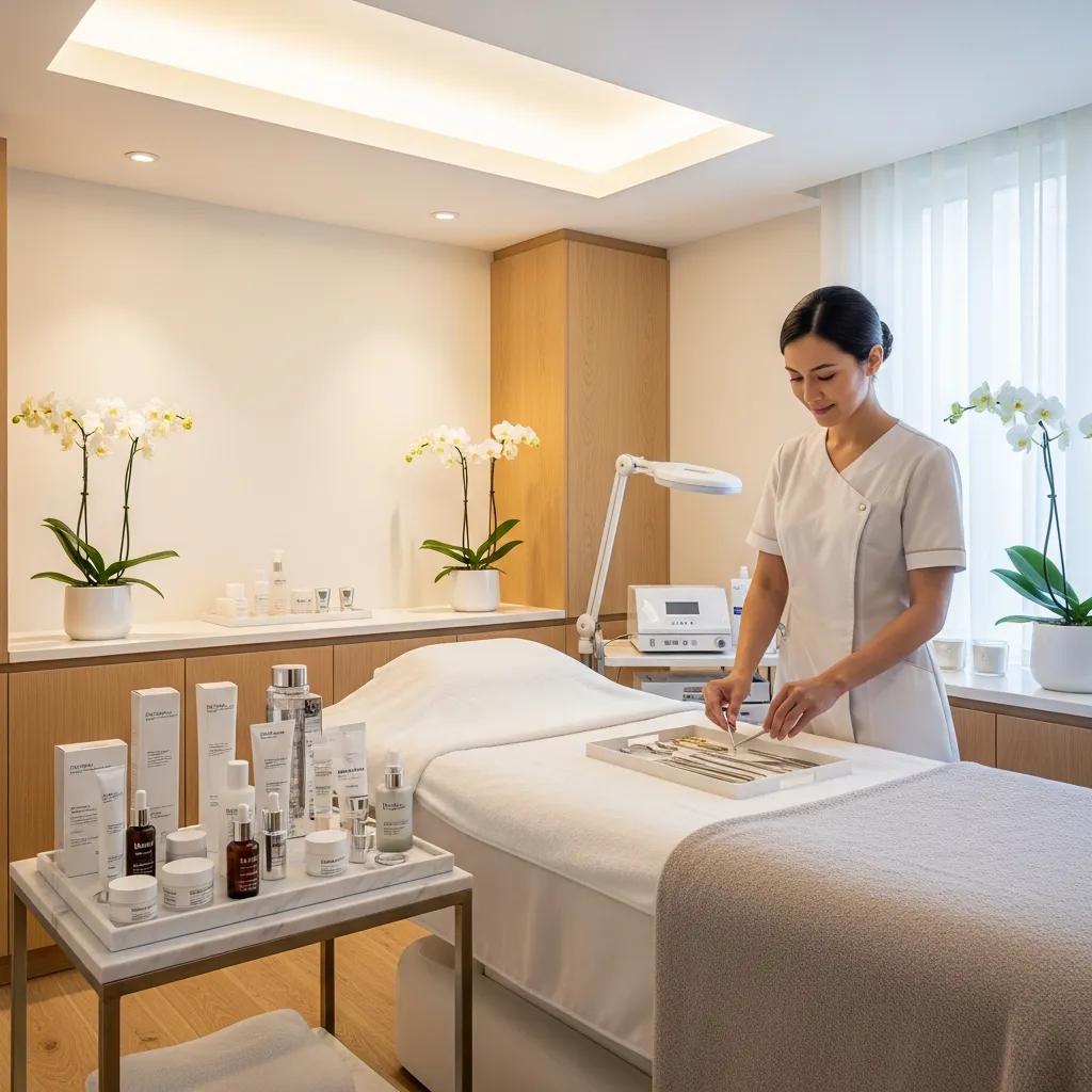 Aesthetic spa treatment room with skincare products and a professional aesthetician preparing for a facial