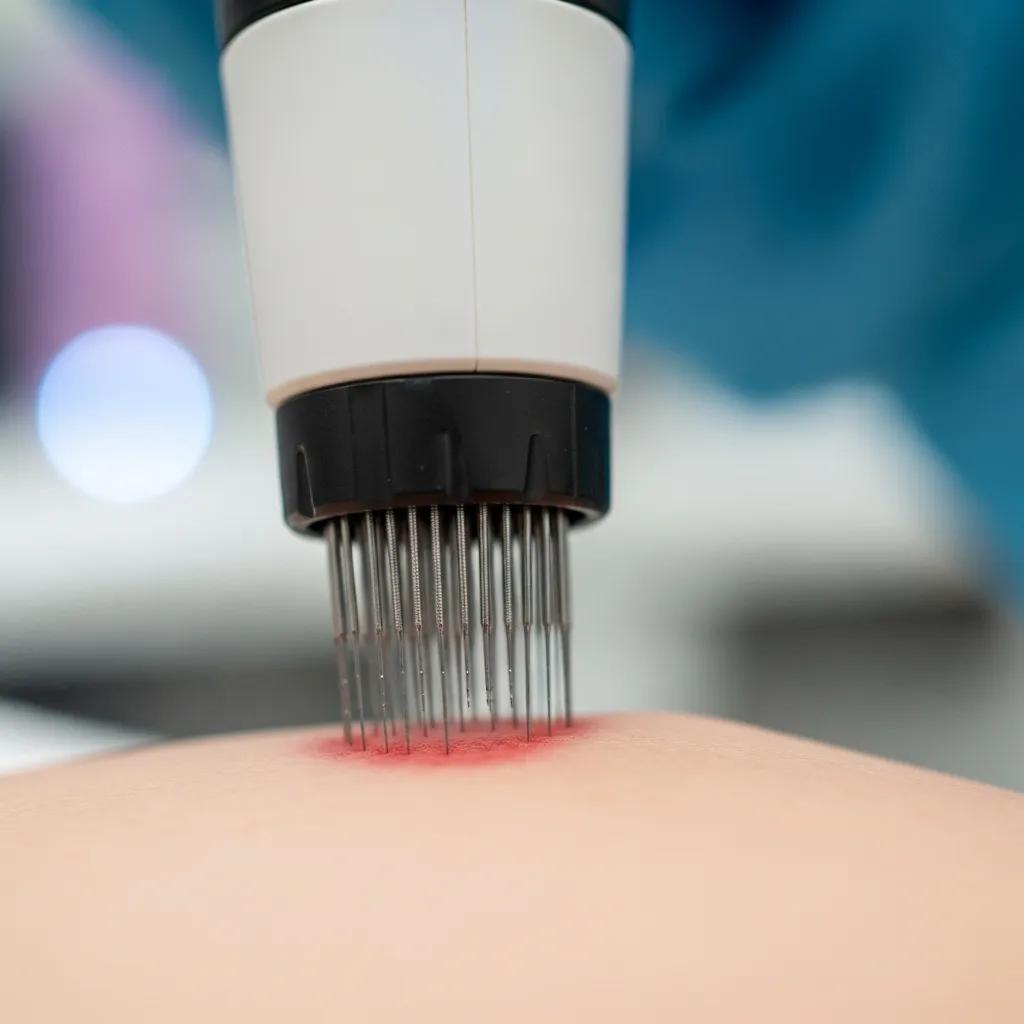 Close-up of microneedling device creating micro-injuries for collagen induction therapy