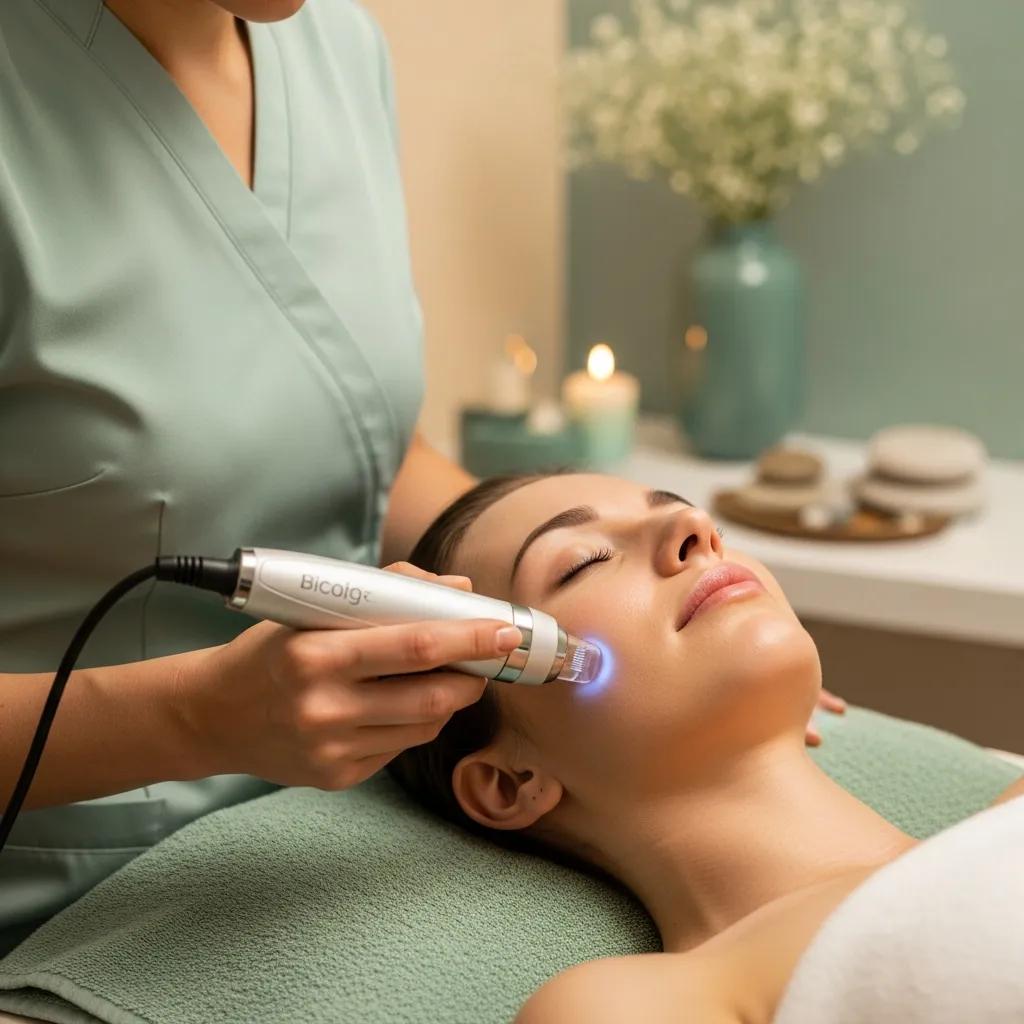RF microneedling treatment in a serene spa setting, highlighting skin rejuvenation